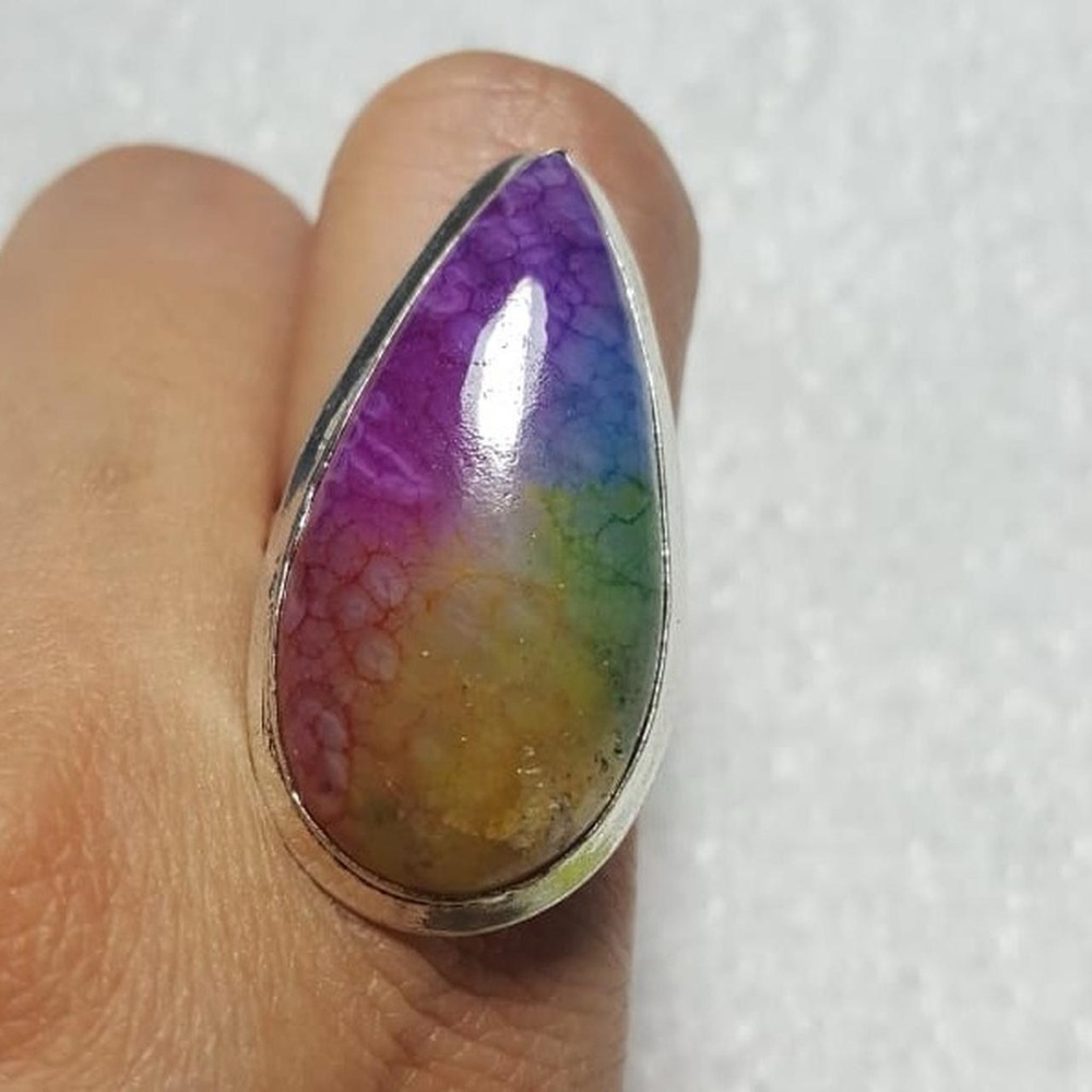 Multi Colors Solar Quartz 925 Plated Silver pear Shape Gemstone Ring